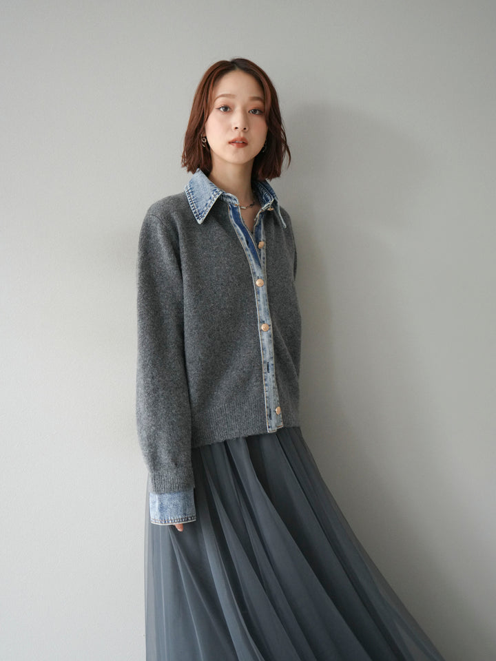 [予約]デニム襟ボタンニットカーディガン/チャコール