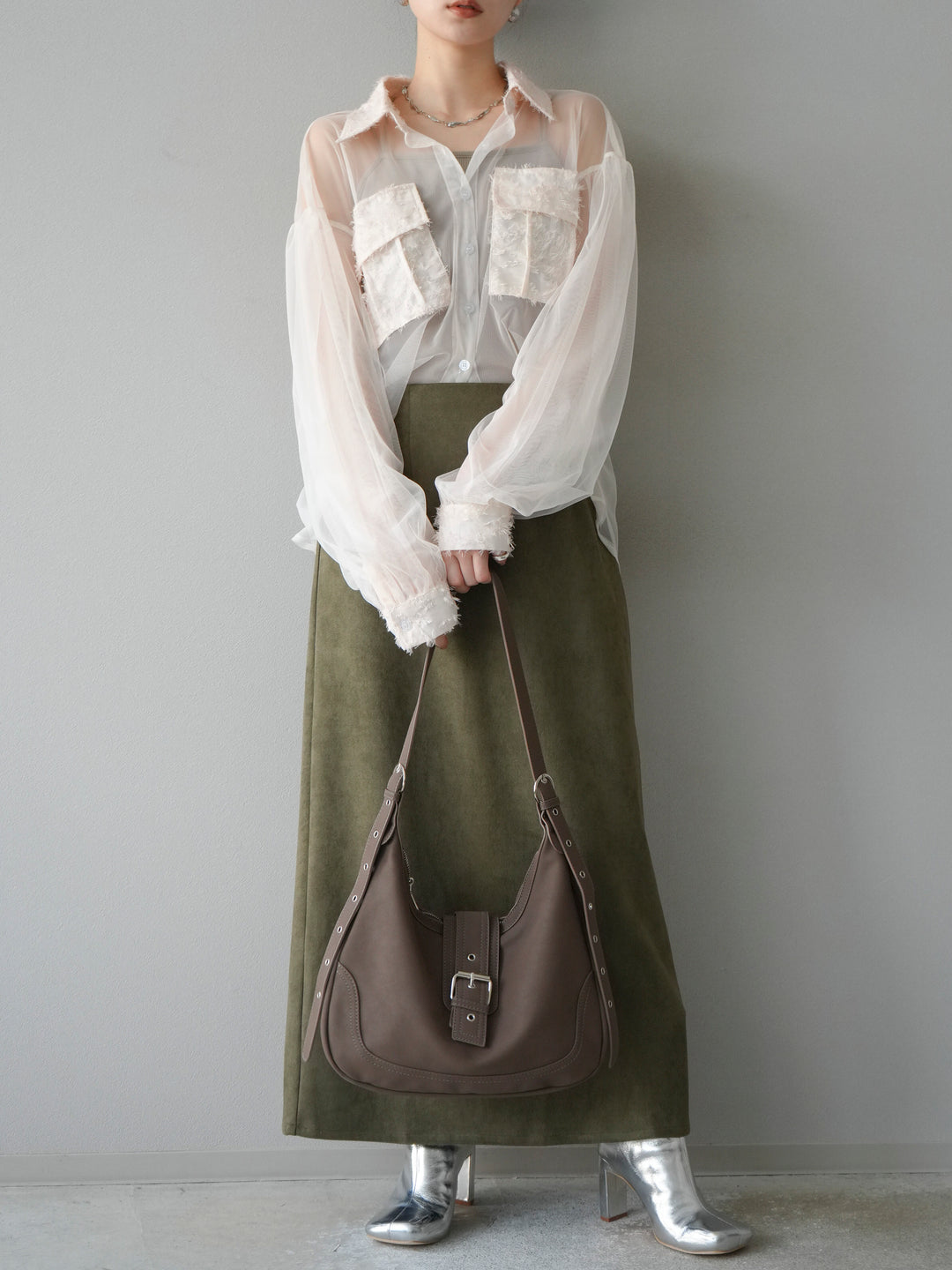 [予約]フリンジジャガード×チュールレイヤードシャツ/アイボリー