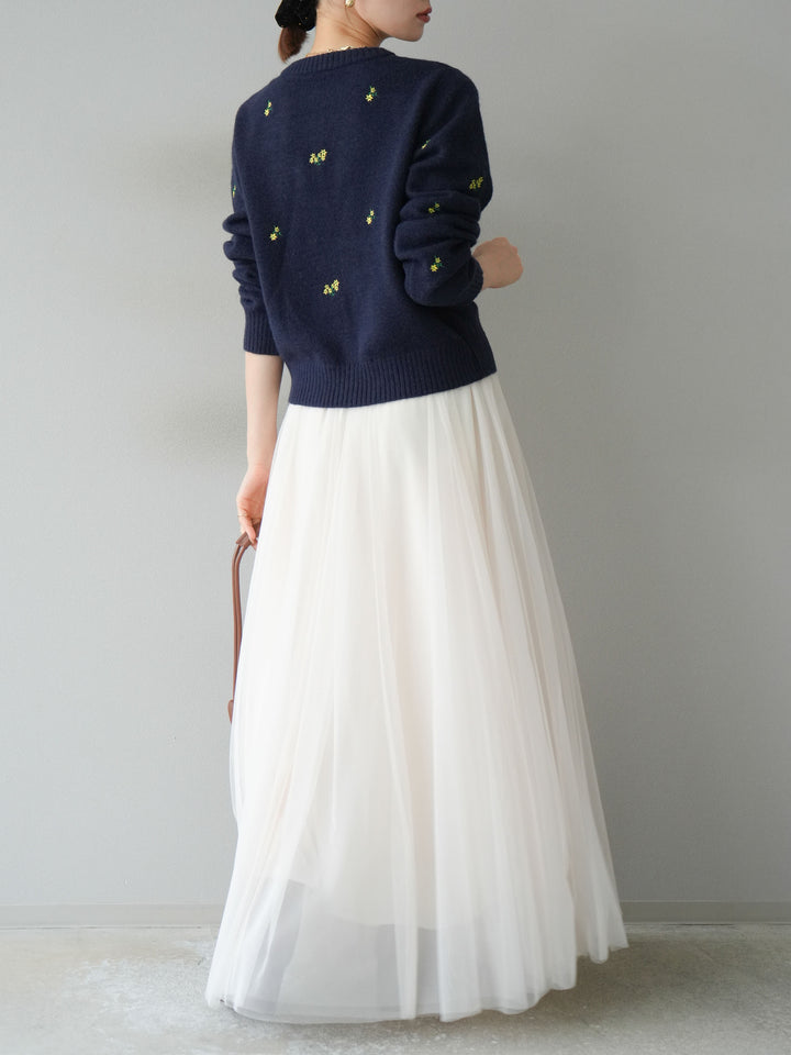 [SET]フラワー刺繍ニットカーディガン+チュールボリュームスカート(2set)