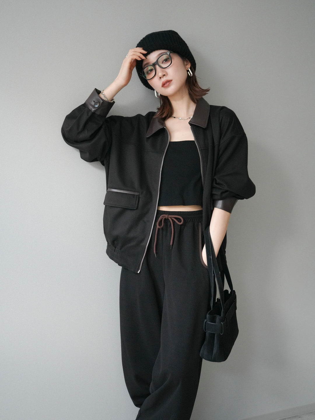 [予約]レザー襟配色パイピングブルゾン/black