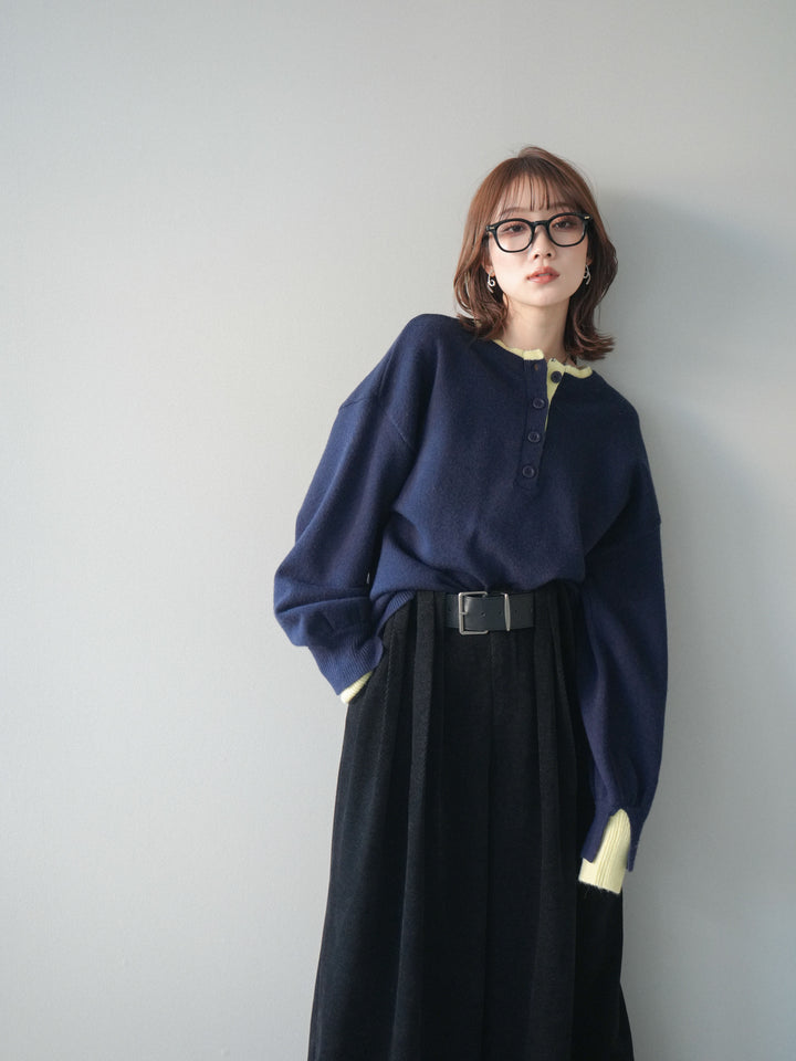[予約]ヘンリーネック配色レイヤードニットプルオーバー/navy