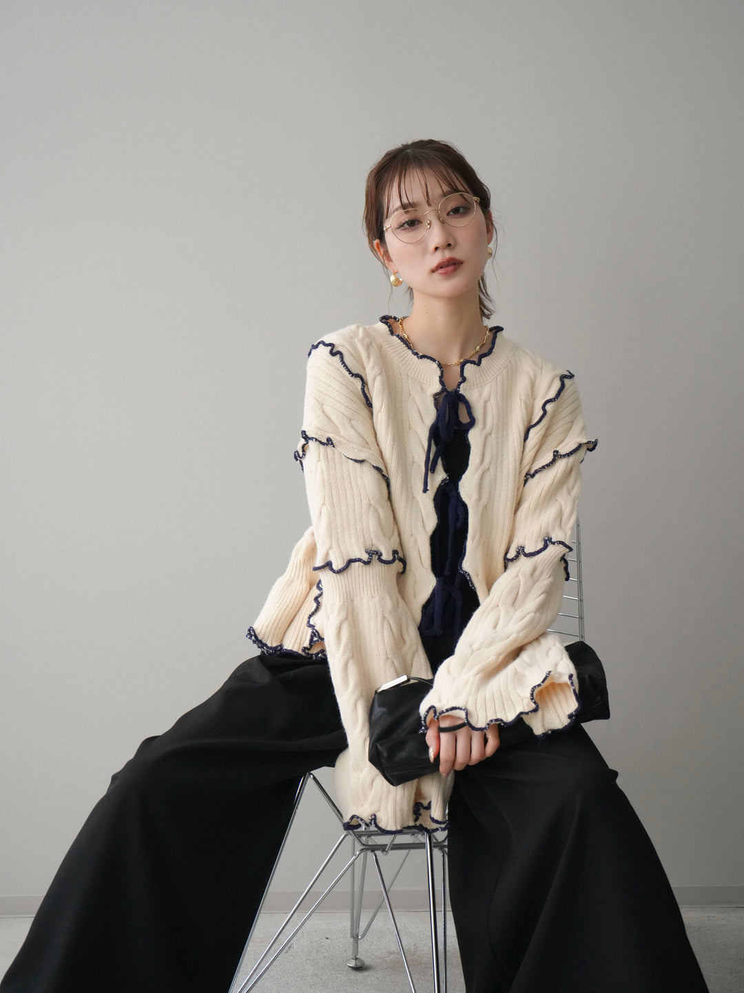 [予約]フロントリボン配色メローニットカーディガン/ivory