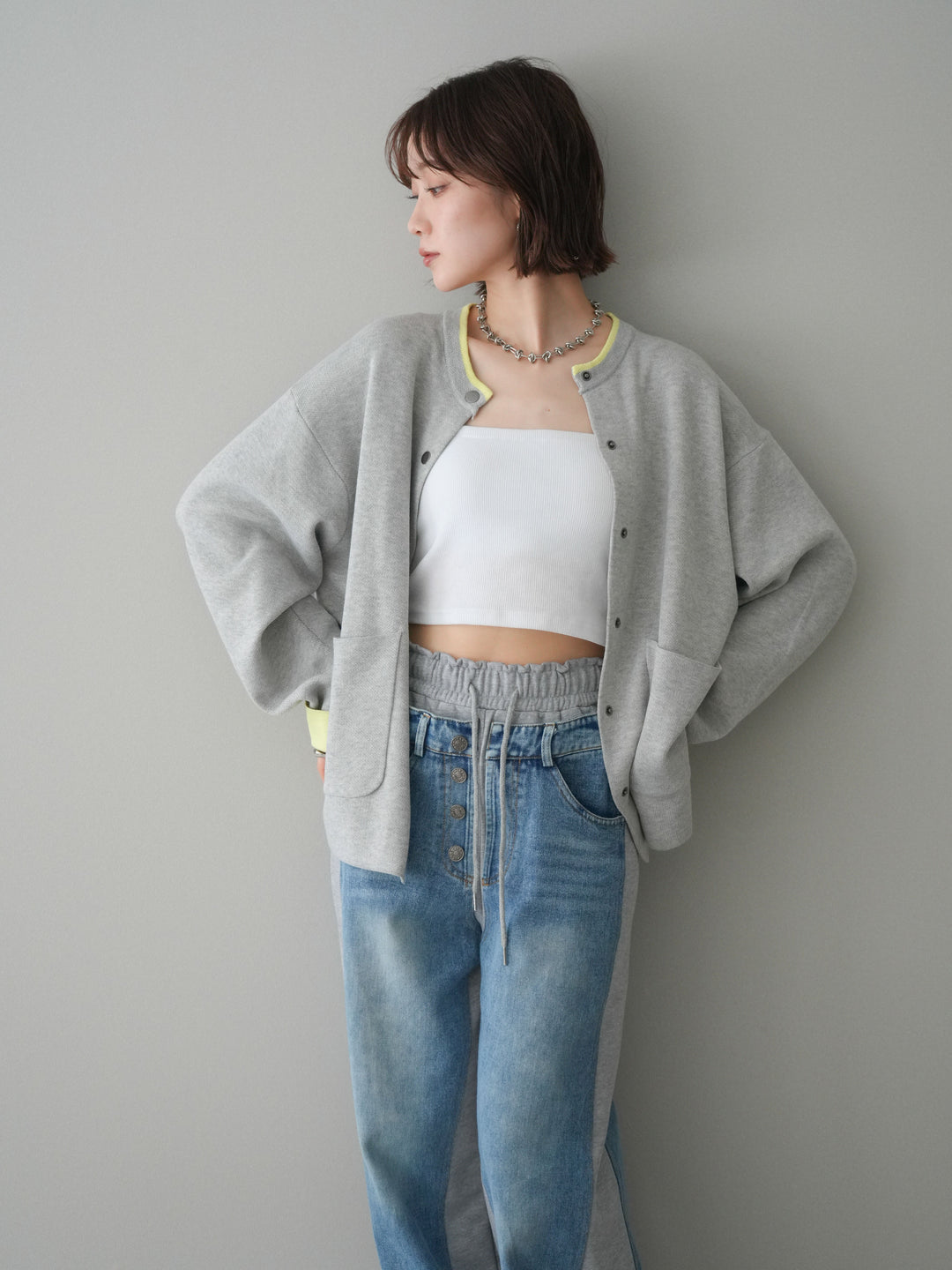 [SET]バイカラーオーバーニットカーディガン+デニム切替スウェットパンツ(2set)