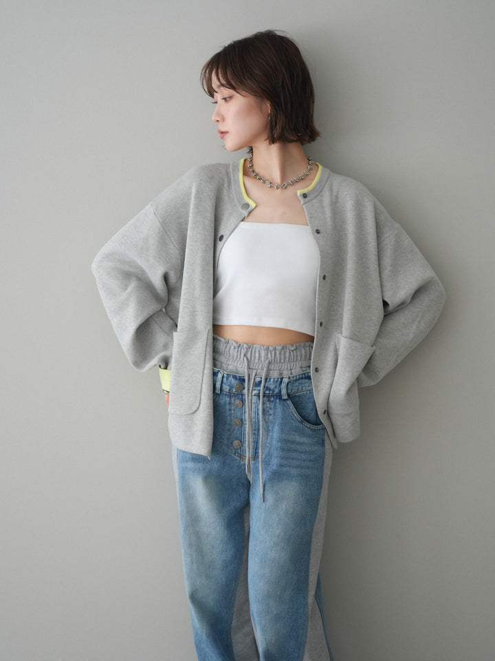 [SET]バイカラーオーバーニットカーディガン+デニム切替スウェットパンツ(2set)