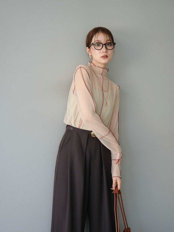 [予約]シアーパイピングカットソー/グレージュ×レッド