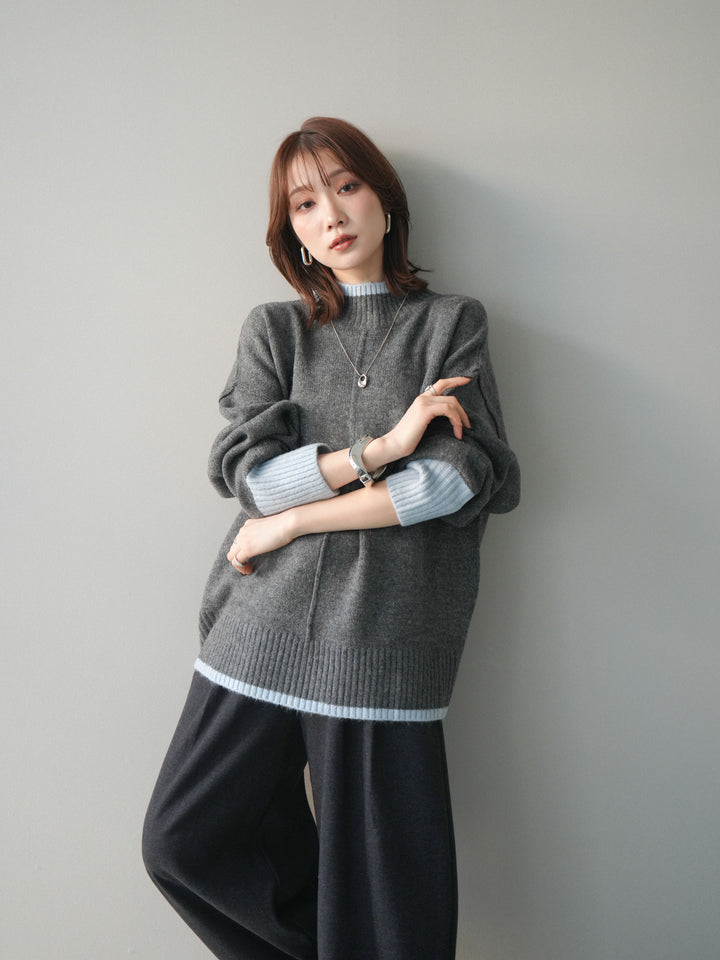 [SET]配色ハイネックニットプルオーバー+アニマル柄ベルト付きウールタッチワイドパンツ(2set)