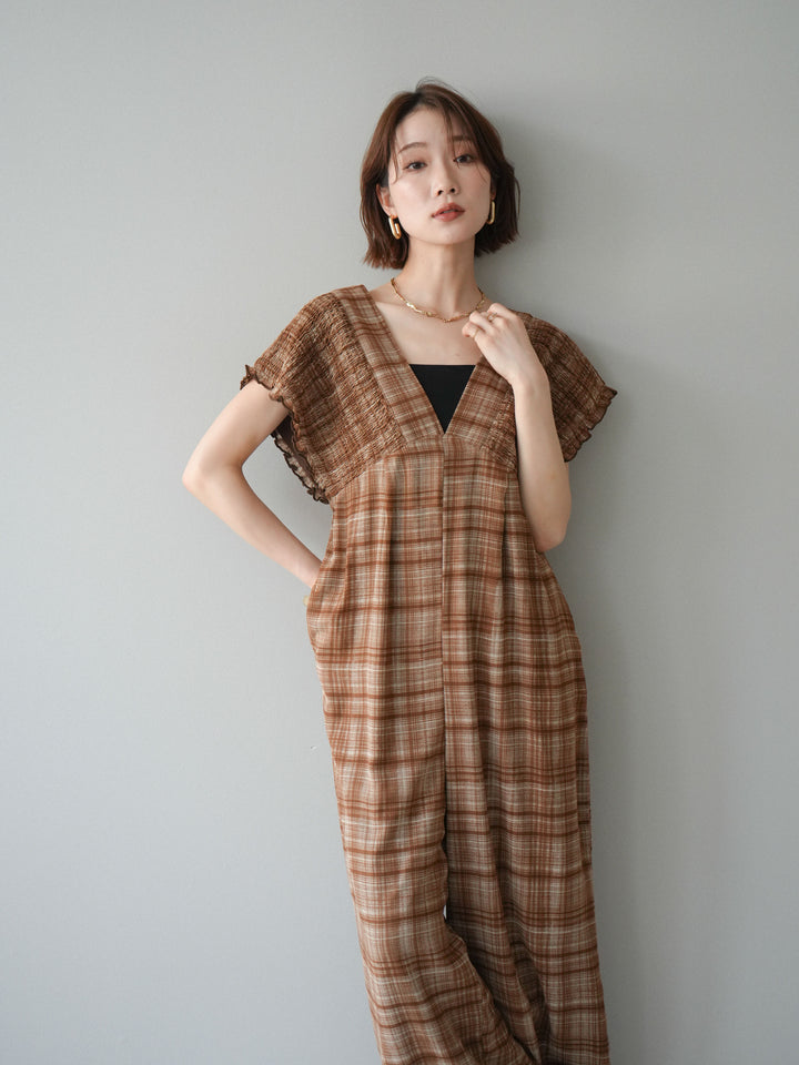 [予約]シフォンチェックジャンプスーツ/beige