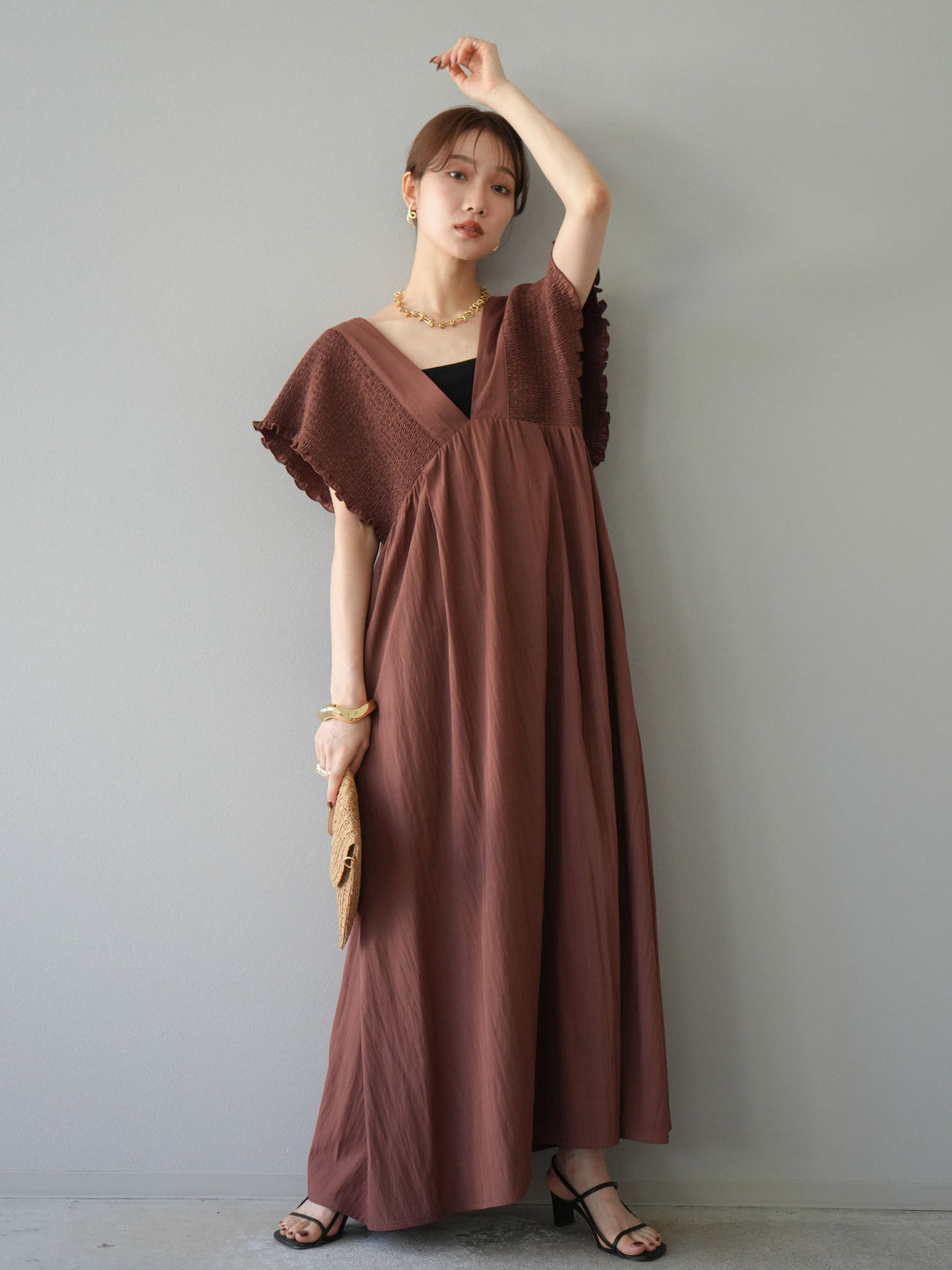 [SET] 褶皺V領連身裙 + 褶皺V領連身裙 (2件套)