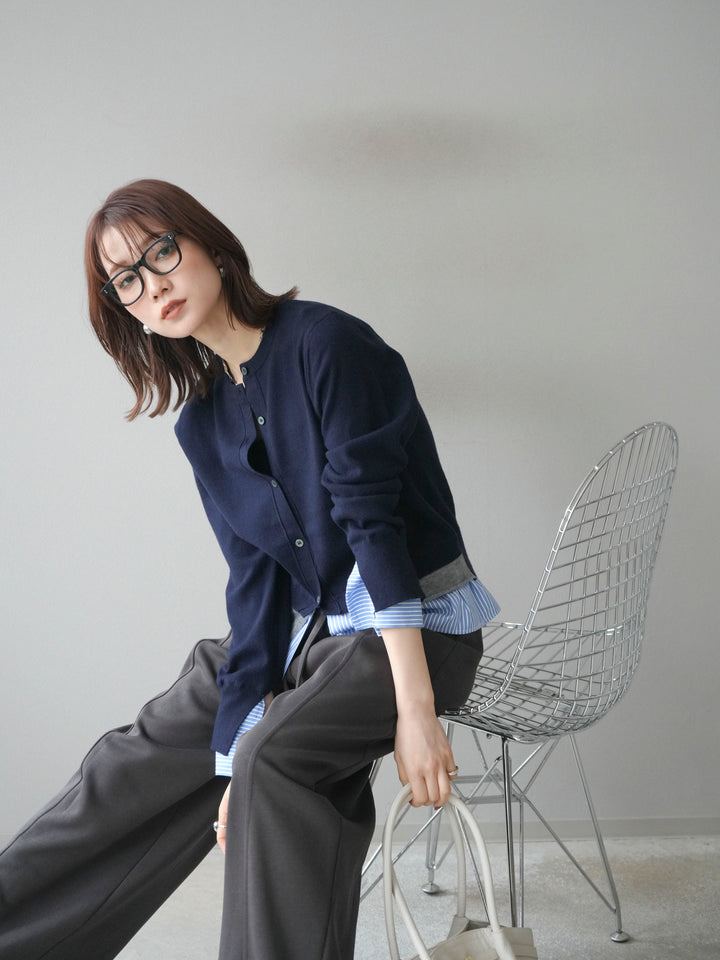 [予約]シャツ襟レイヤードニットカーディガン/navy