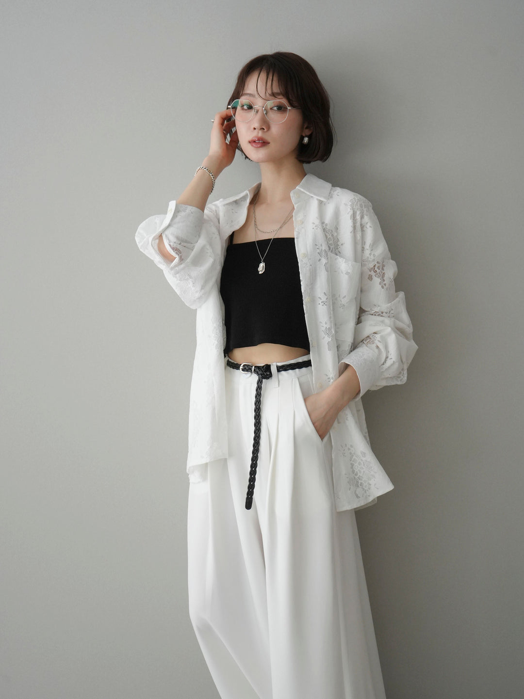 [SET]ジャガードレースオーバーシャツ+選べるアクセセット(2set)