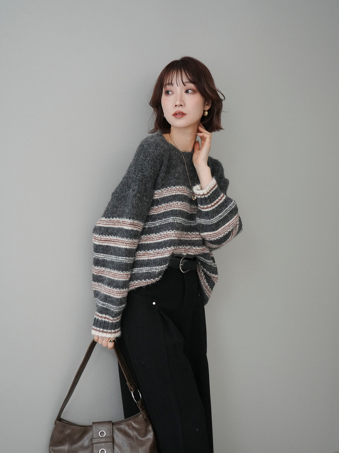 [予約]ステッチボーダーニットプルオーバー/gray