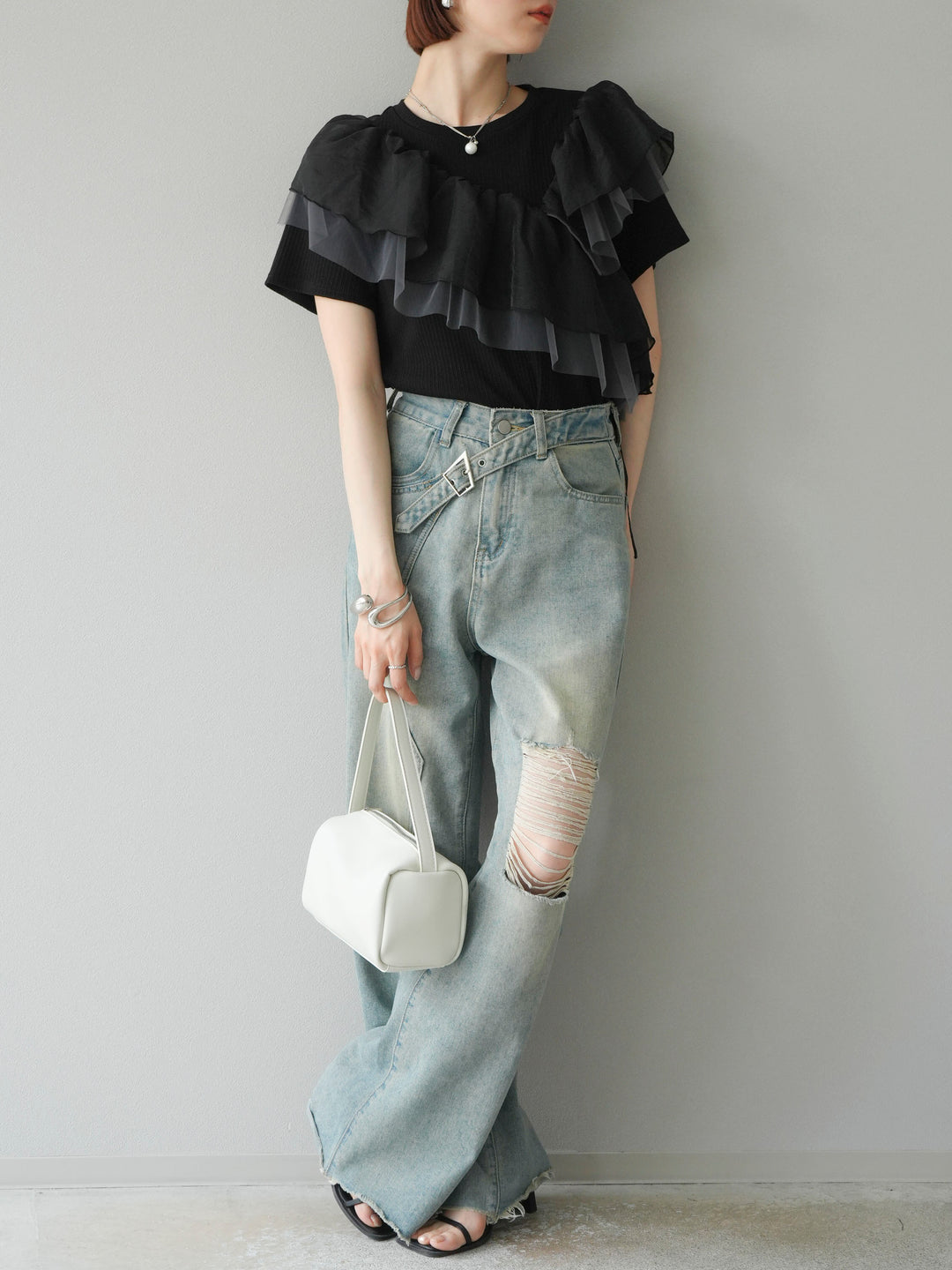 [予約]アシメフリルドッキングカットソー/ブラック