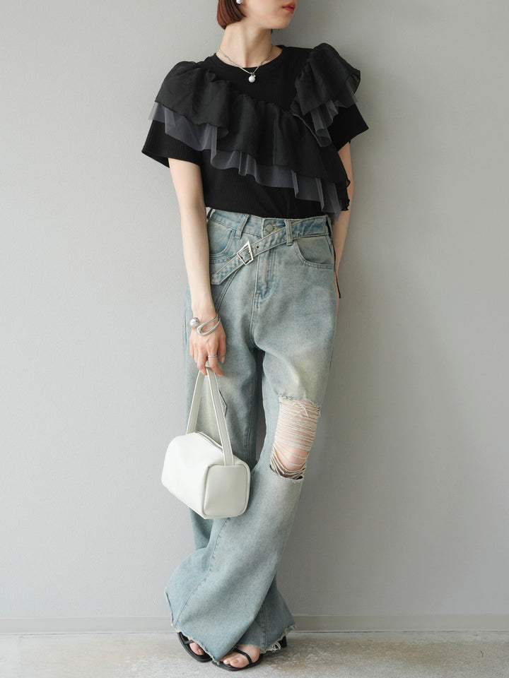 [予約]アシメフリルドッキングカットソー/ブラック