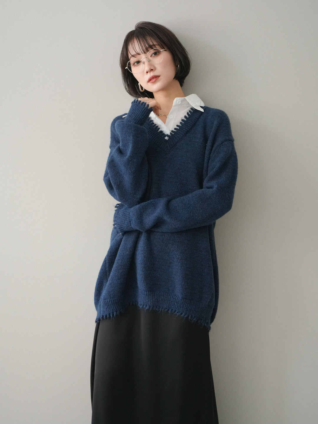 [予約]シャツドッキングVネックフリンジニットプルオーバー/navy