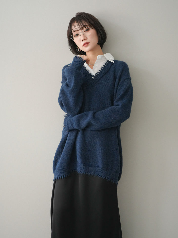 [予約]シャツドッキングVネックフリンジニットプルオーバー/navy