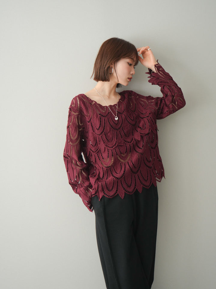 [予約]透かしコードレースブラウス/bordeaux