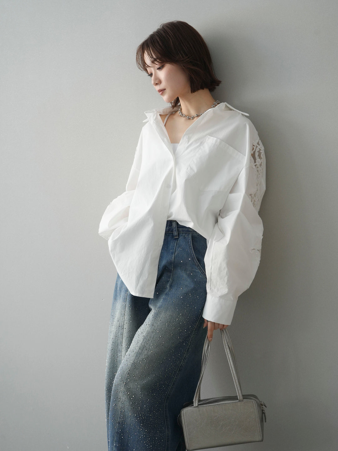 [SET]アームレースブロードシャツ+フロントビジューカーブデニムパンツ(2set)