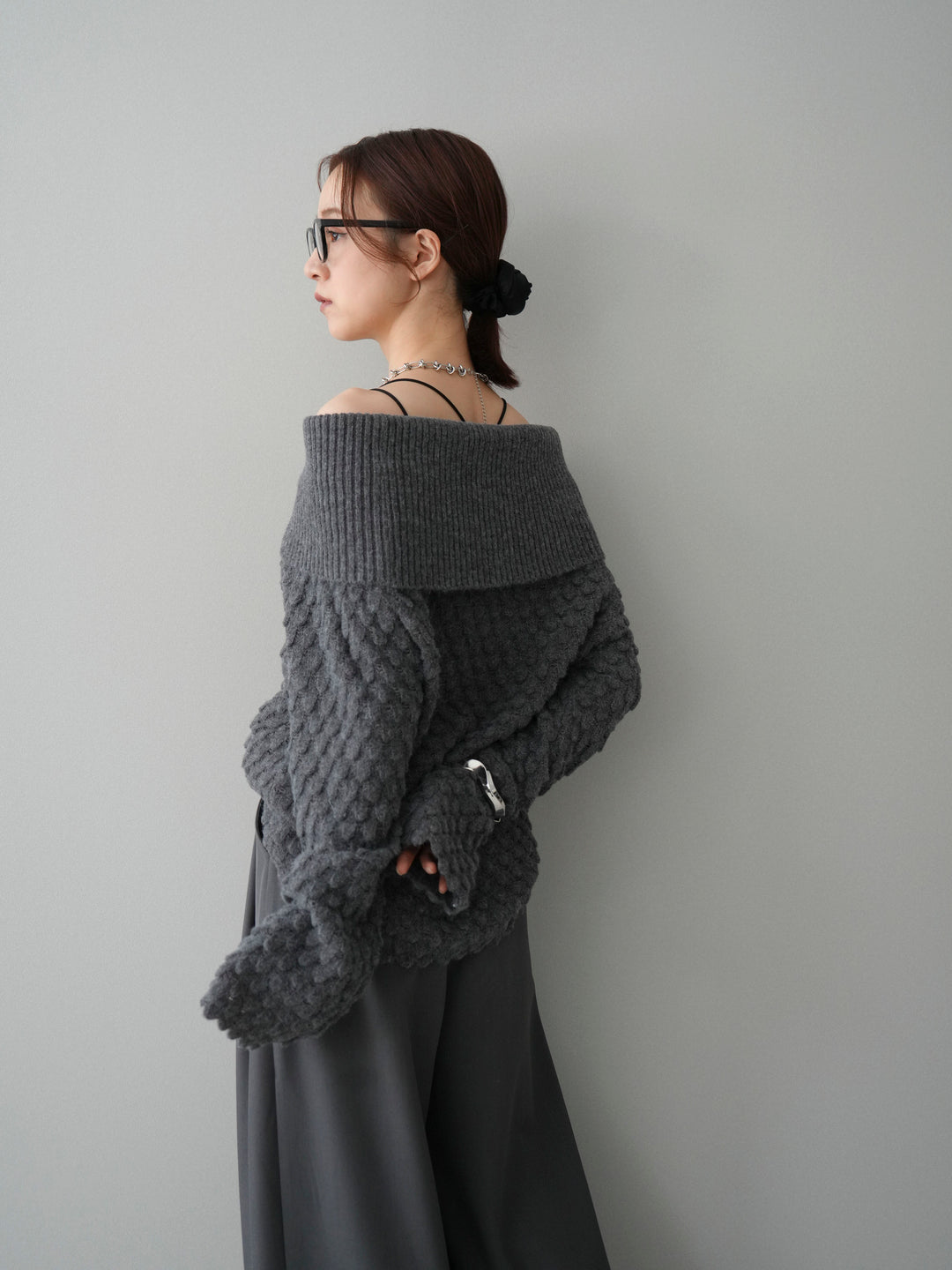 [SET]ポコポコ編みオフショルニットプルオーバー+ベルトループデザインワイドパンツ(2set)