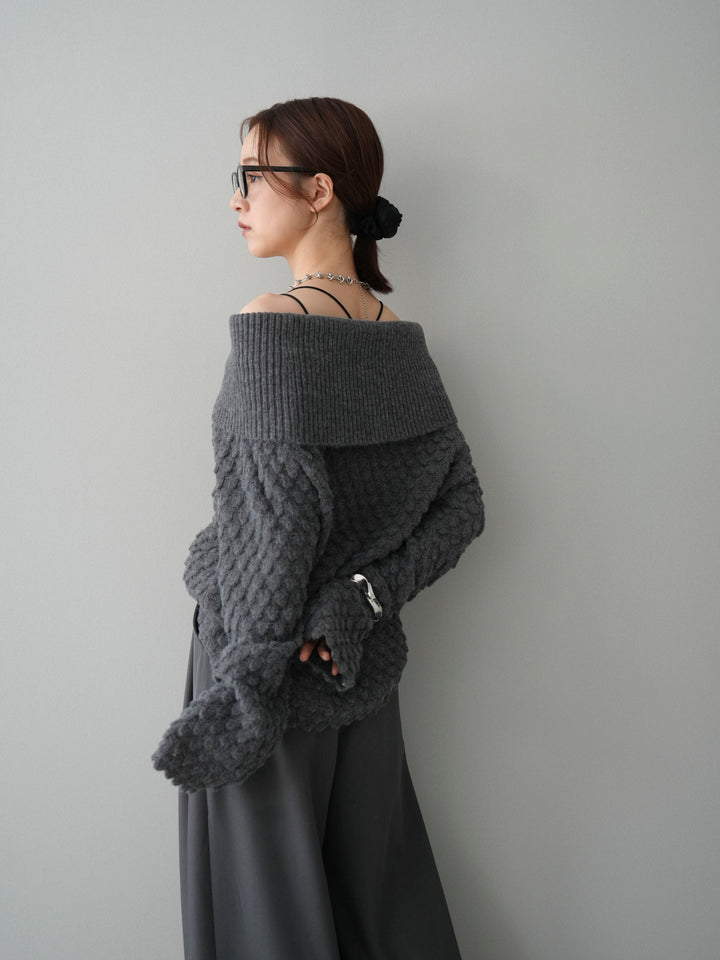 [SET]ポコポコ編みオフショルニットプルオーバー+ベルトループデザインワイドパンツ(2set)