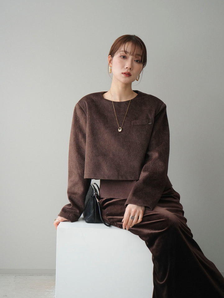 [予約]リブニットレイヤードスエードプルオーバー/brown