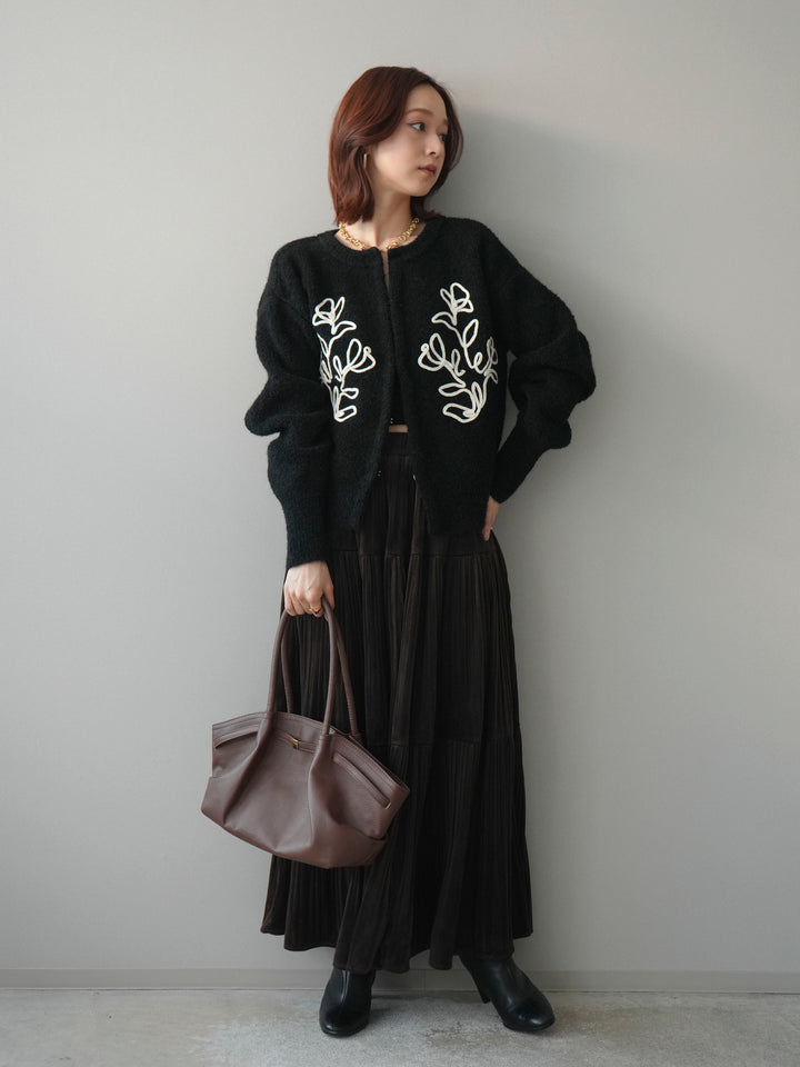 [SET]テープ刺繍ホック開きブークレニットカーディガン+ベロアティアードワッシャースカート(2set)