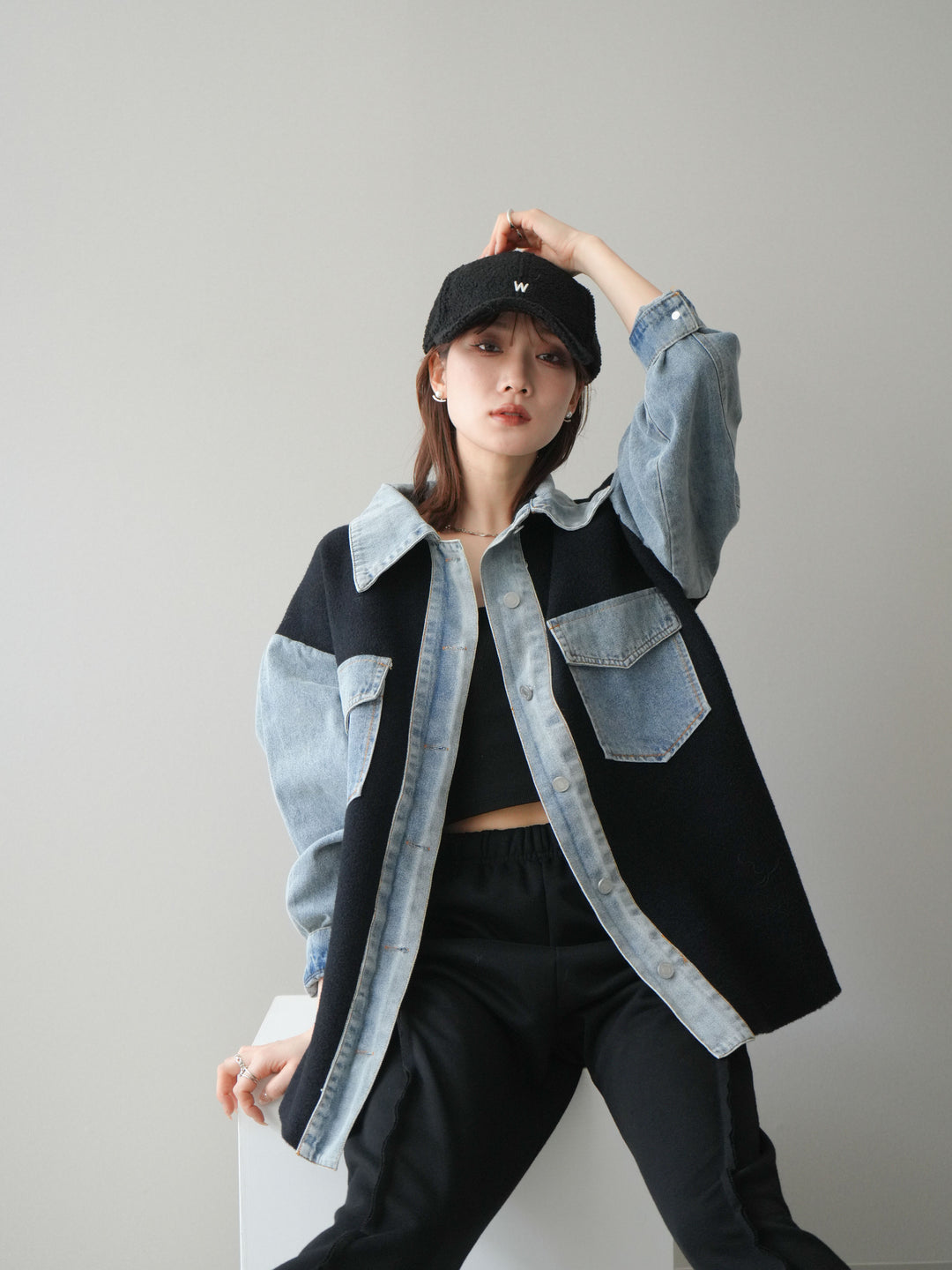 [SET]デニム襟ダブルフェイスニットカーディガン+2WAYデザインスウェットパンツ(2set)