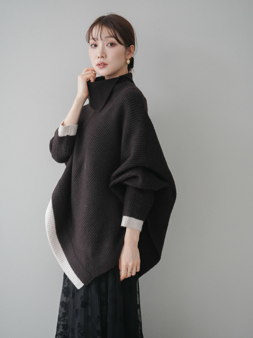 [予約]配色アシンメトリードルマンニットプルオーバー/brown
