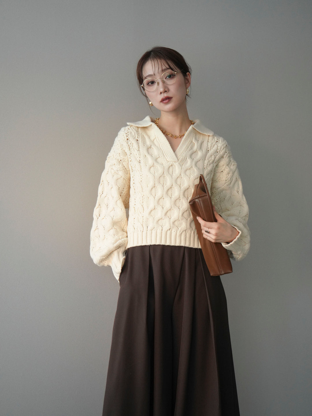 [予約]バルキーケーブルクロップド開襟プルオーバー/ivory