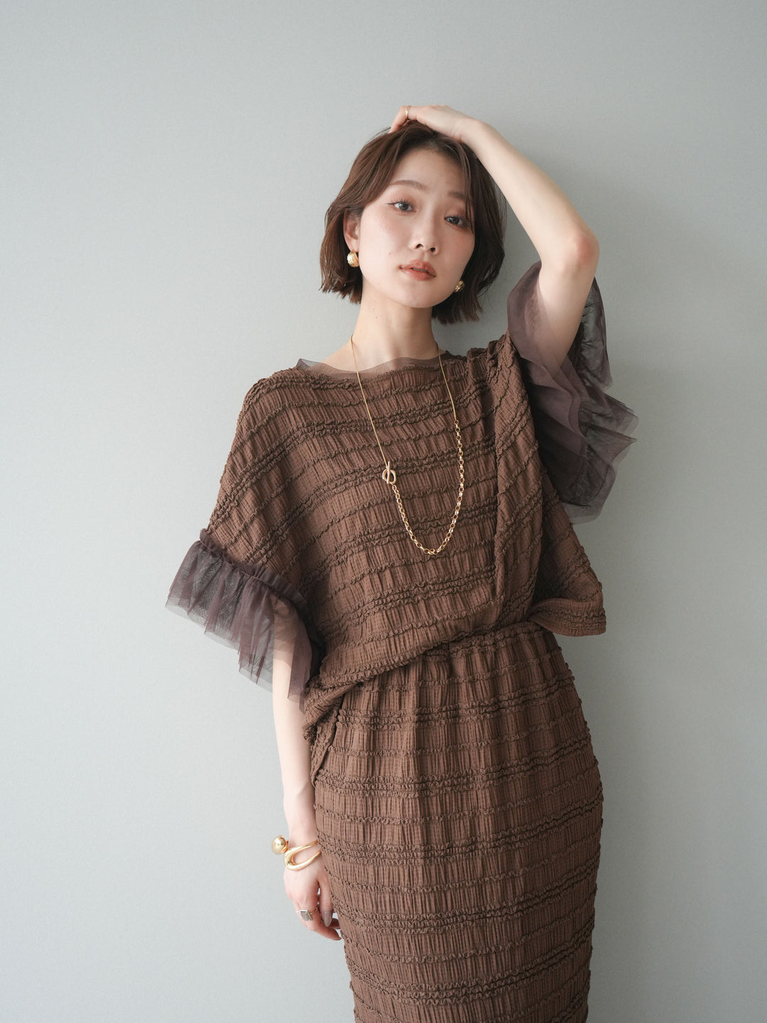 [SET]チュール袖リップルトップス+リップルIラインスカート(2set)