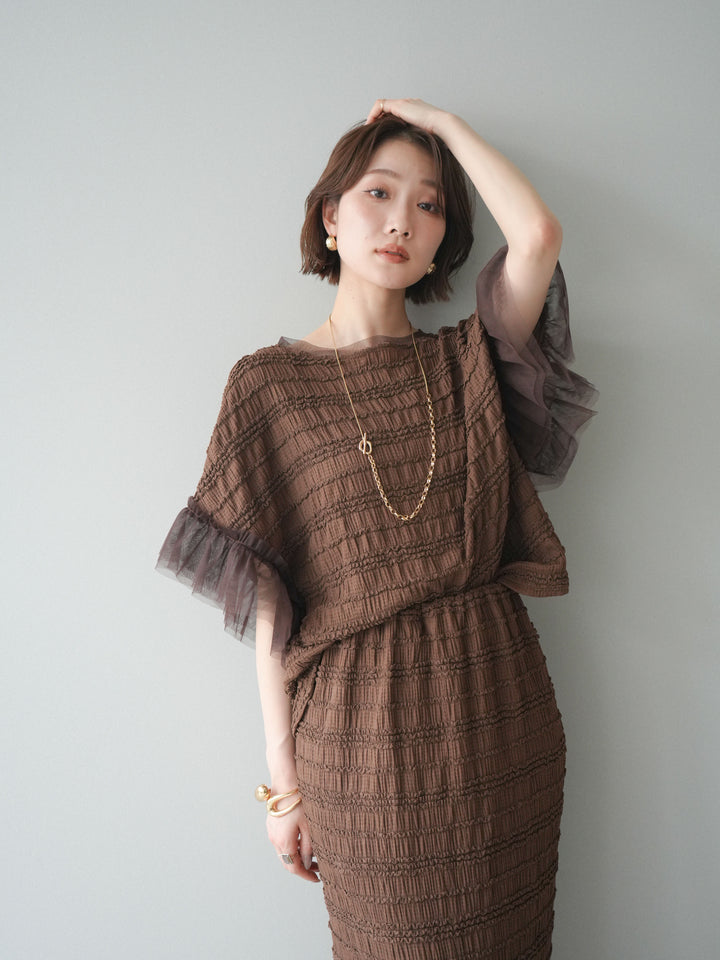 [SET]チュール袖リップルトップス+リップルIラインスカート(2set)