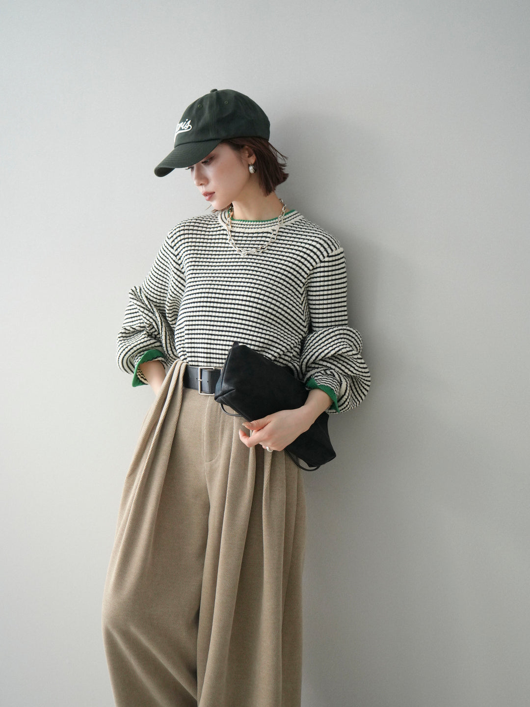 [SET]ラメ異素材ボーダーリブニットプルオーバー+ベルトデザインループコールテンワイドパンツ(ベルト付き)(2set)