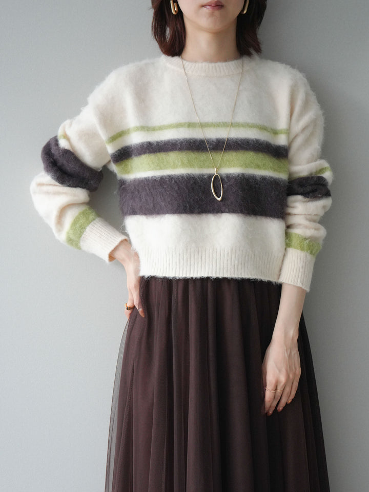 [SET]ソフトタッチボーダークロップドニットプルオーバー+チュールボリュームスカート(2set)