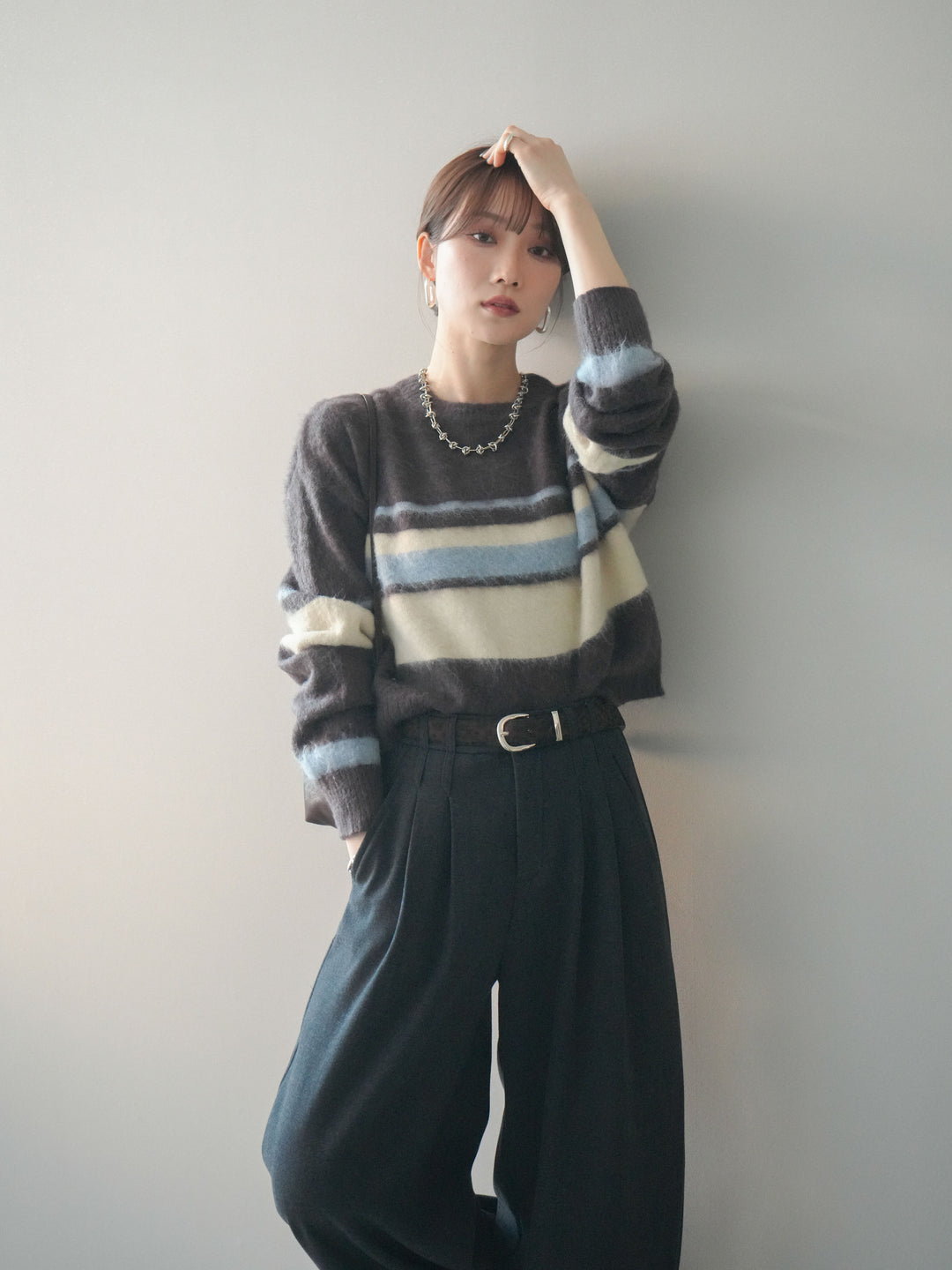 [予約]ソフトタッチボーダークロップドニットプルオーバー/brown