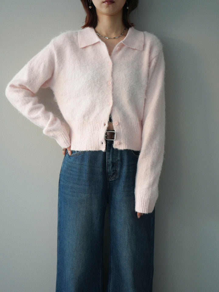 [SET]モヘア衿付きボタンプルオーバー+裏起毛裾フリンジワイドデニムパンツ(2set)