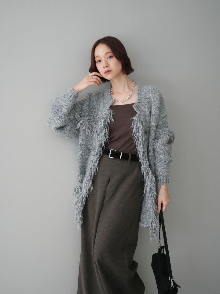 [予約]ミックスヤーンフリンジデザインニットジャケット/gray
