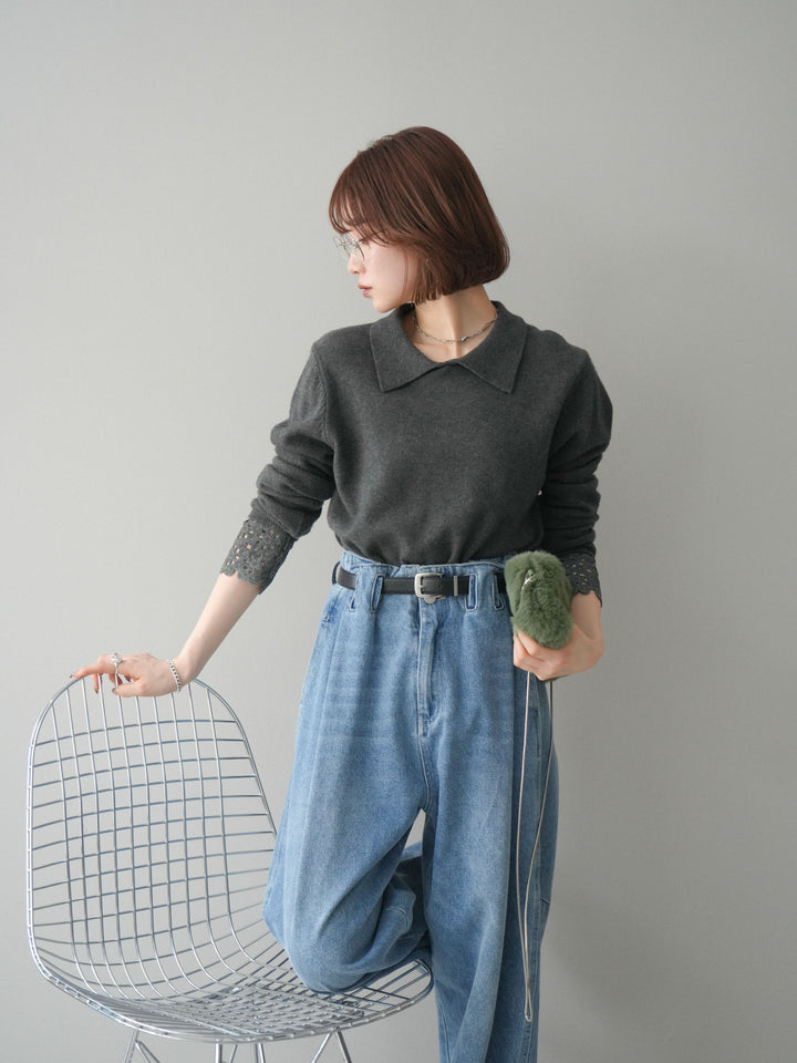 [SET]スカラップレース袖襟付きニットトップス+選べるアクセセット(2set)