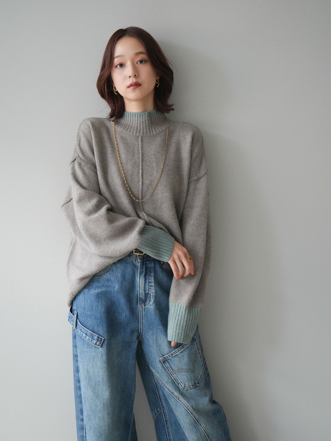 [SET]配色ハイネックニットプルオーバー+ペインターカーブデニムパンツ(2set)