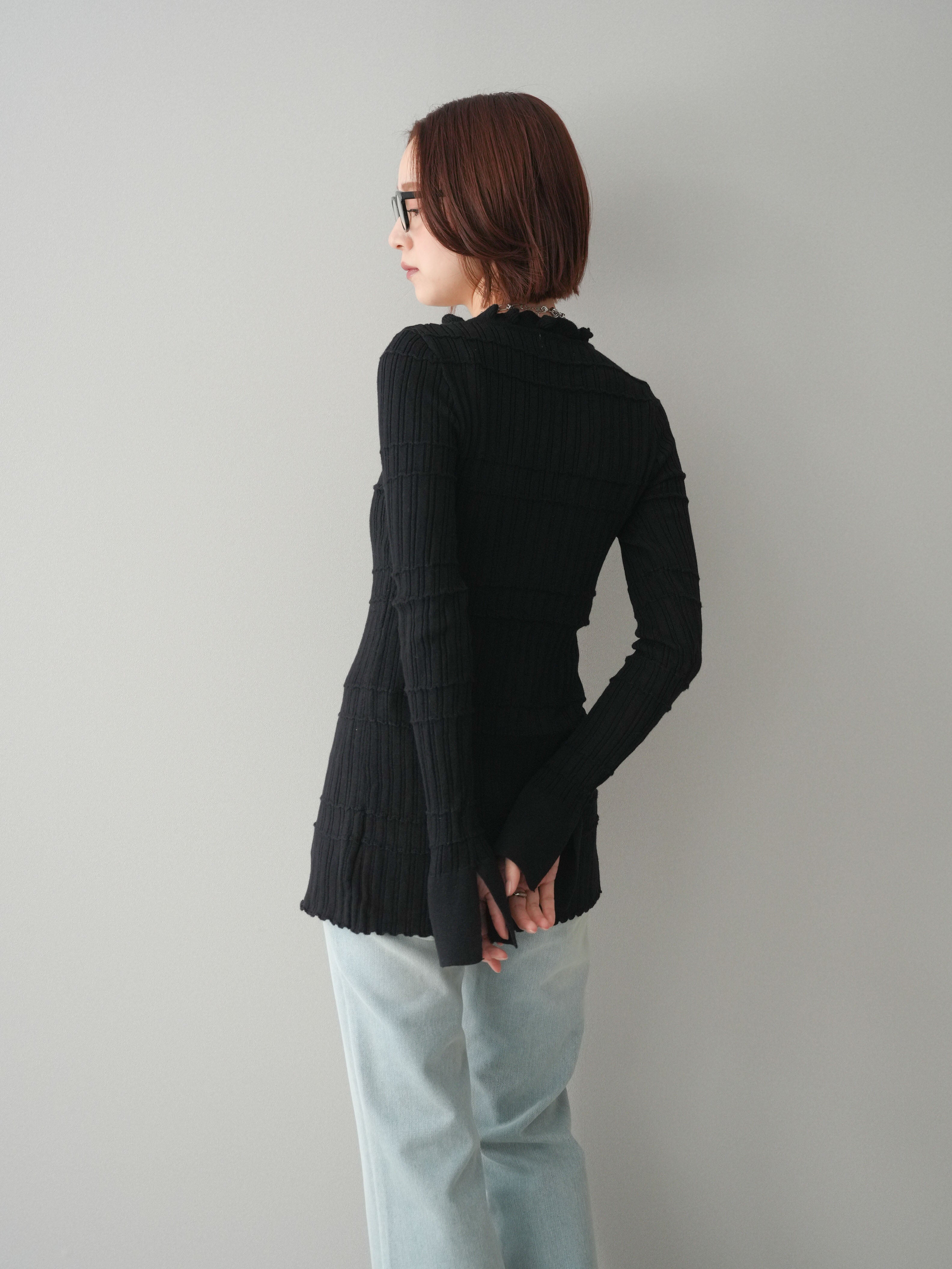 SET]フロントフリルリブニットカーディガン+フレアデニムパンツ(2set