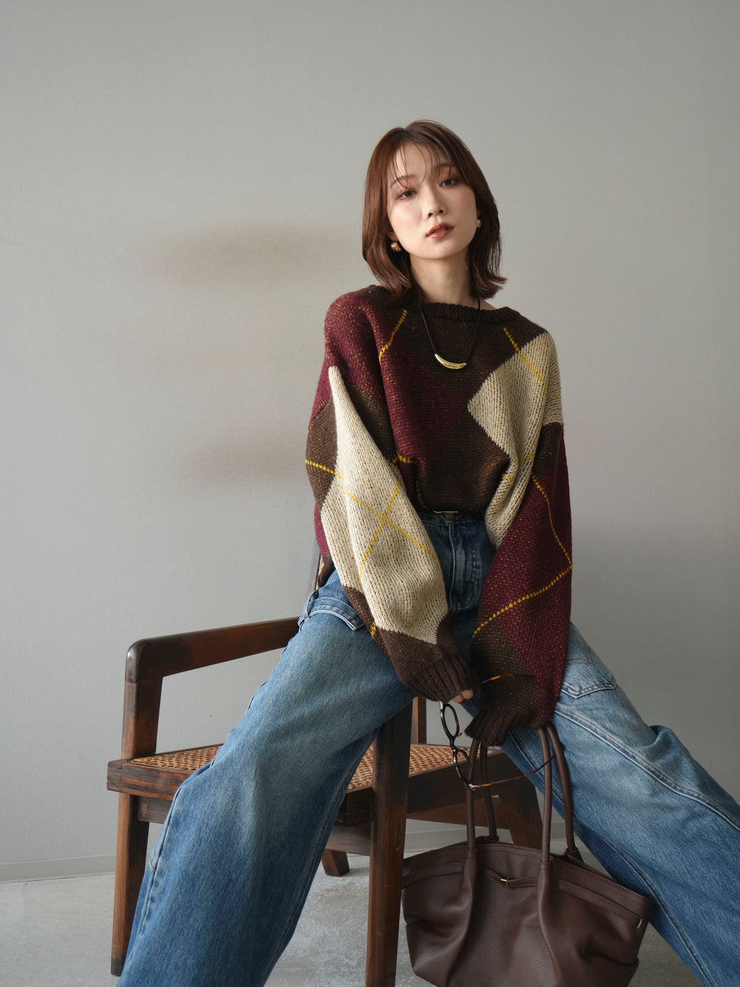 [予約]配色ステッチアーガイル柄ニットプルオーバー/brown