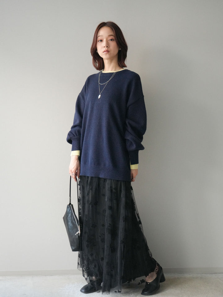 [SET]ヘンリーネック配色レイヤードニットプルオーバー+フラワーフロッキーチュールプリーツスカート(2set)