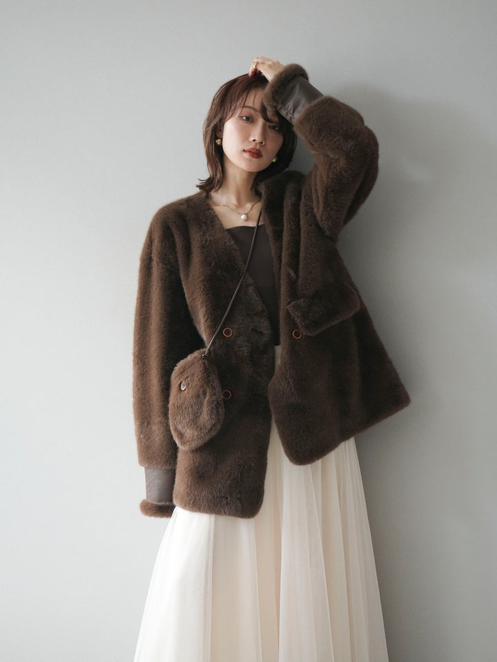 [SET]バッグ付エコファーノーカラーコート+チュールボリュームスカート(2set)