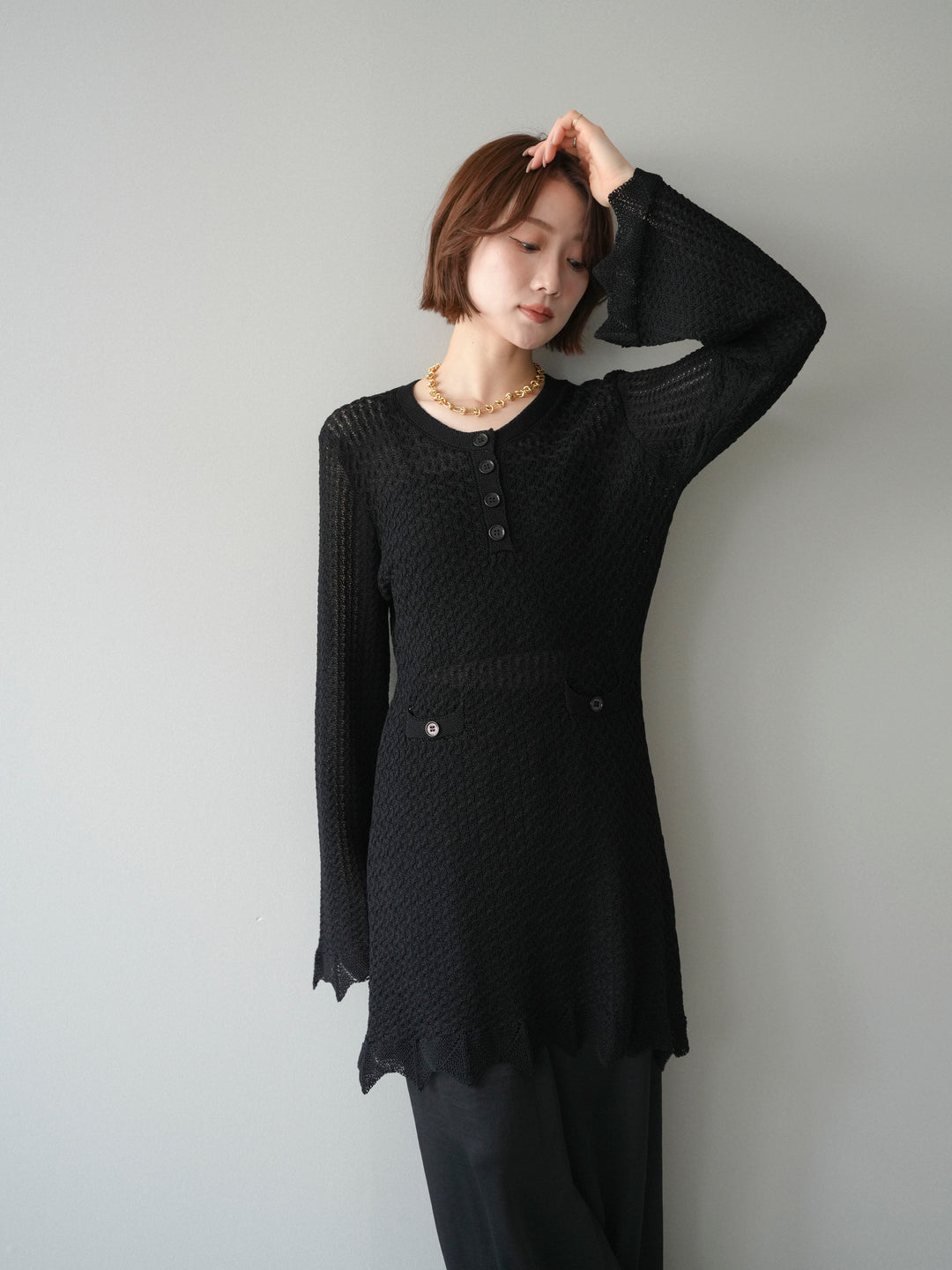 [予約]ヘンリーネックニットチュニック/black
