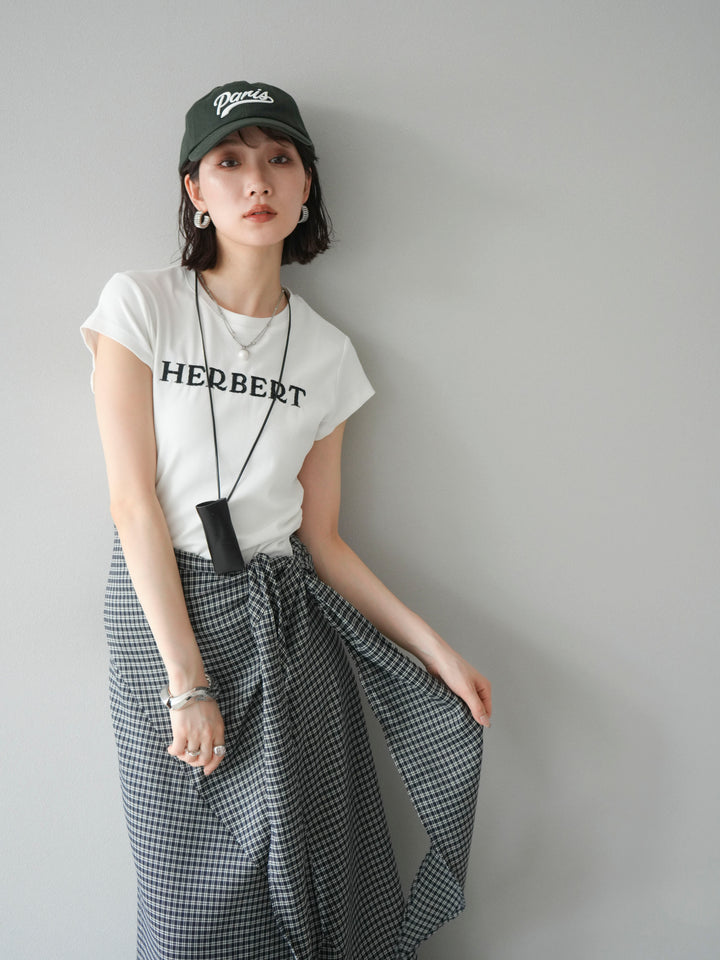 [SET]刺繍ロゴTシャツ＆レザーポーチネックレスSET +サイド巻きツイルスカート(2set)