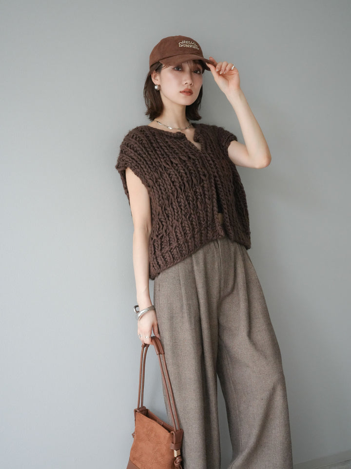 [SET] 手編繩結背心+粗花呢觸感褶皺寬褲（2件組）