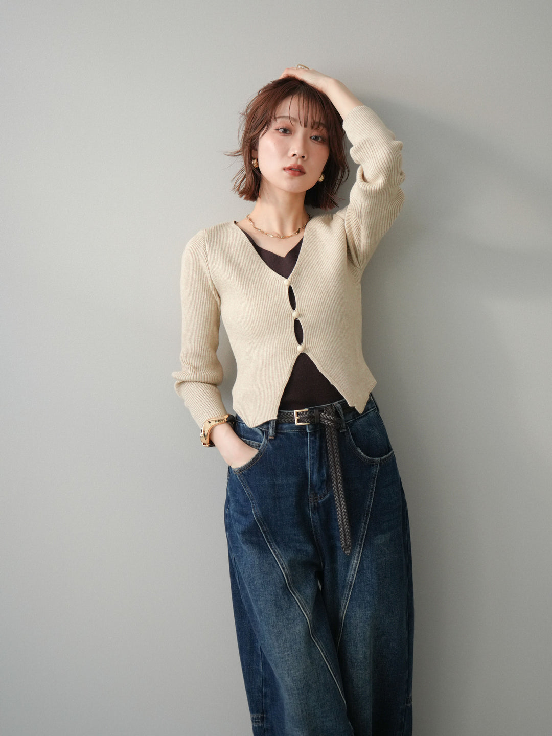 [予約]Vネック配色レイヤードスリットニットトップス/beige