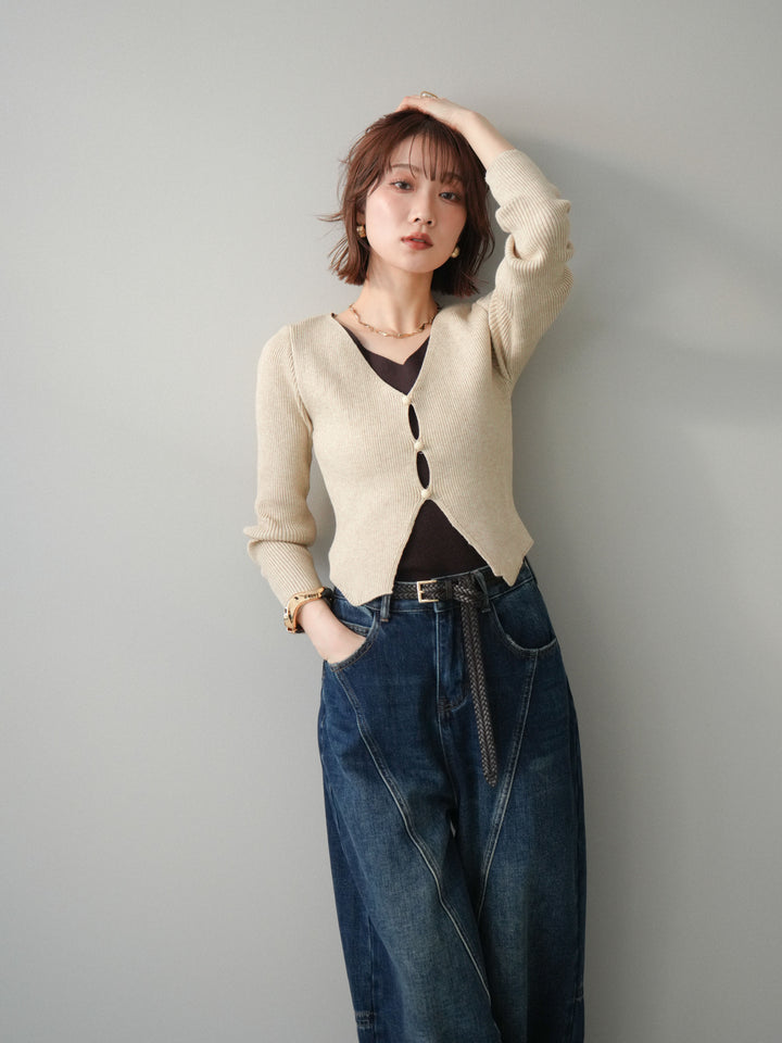 [予約]Vネック配色レイヤードスリットニットトップス/beige