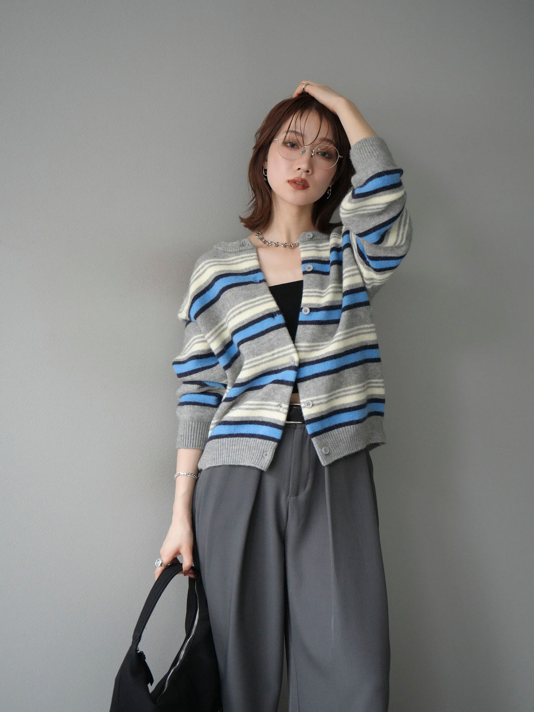 [SET]マルチボーダーニットカーディガン+ベルトループデザインワイドパンツ(2set)