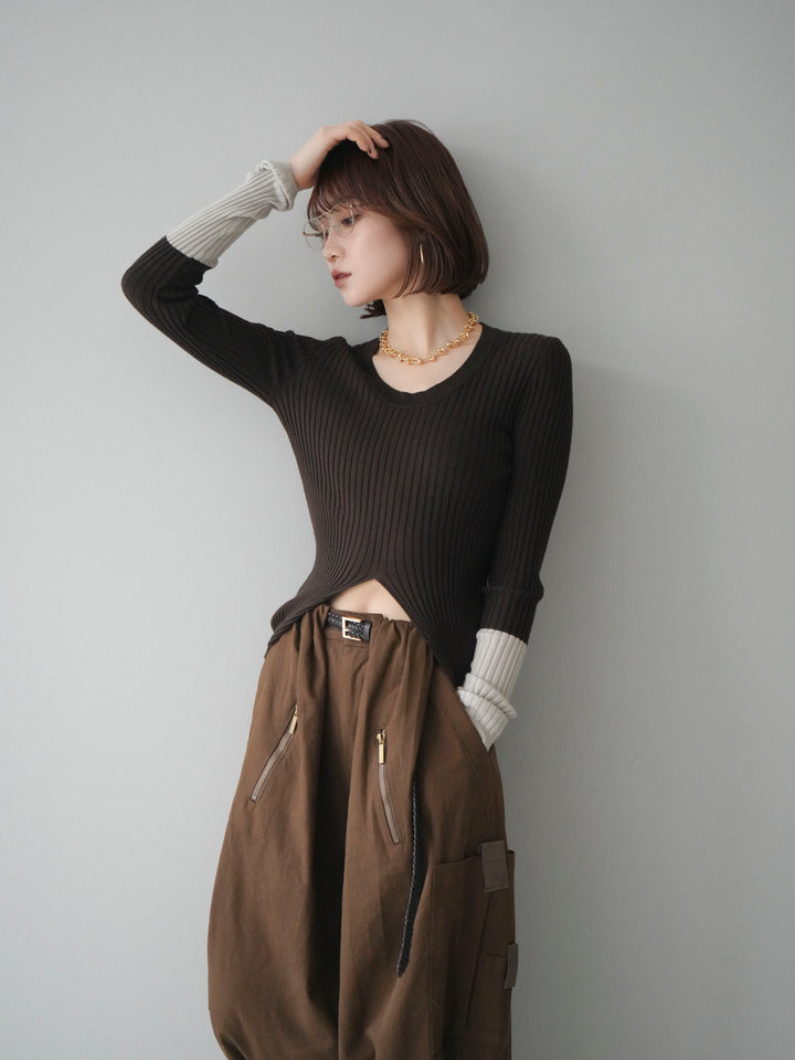 [予約]袖配色ランダムリブフロントスリットニットトップス/brown