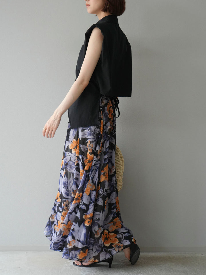 [予約]フラワープリントボリュームフレアスカート/ブラック