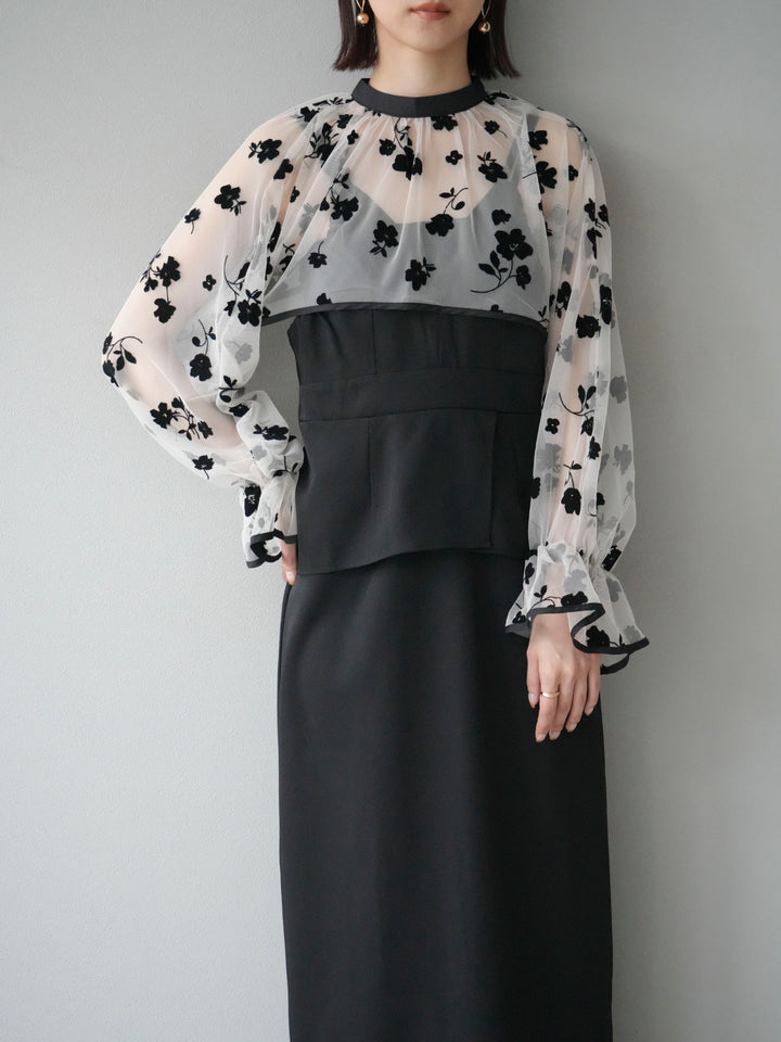 [予約]チュールフラワーフロッキーショートブラウス/ホワイト